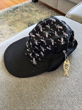 VINTAGE-Disney Black Cap with Light Pink Fish Skeleton Prints and Fish Charm